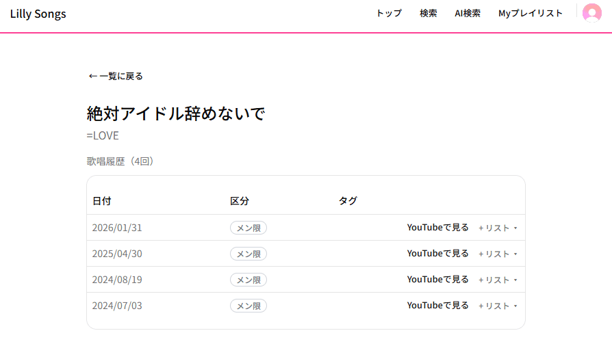 楽曲詳細ページの画面